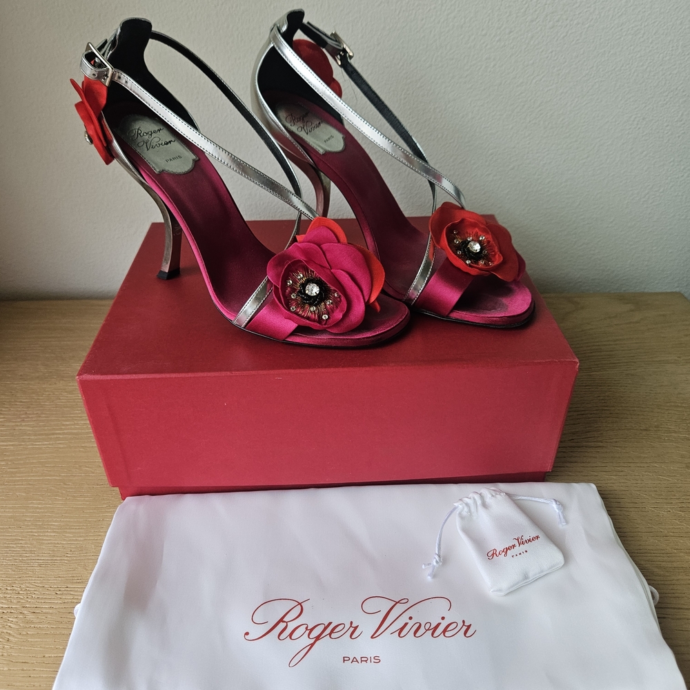 Roger Vivier Pink Heels with Red Floral Accent